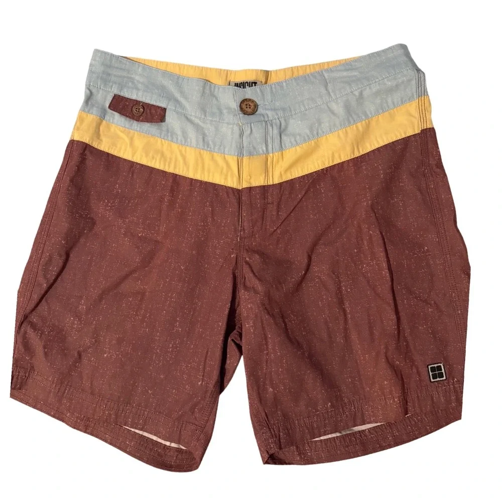 Insight Malibu Boardshorts Mens 32 Burgundy Yellow Blue Colorblock Swim NEW